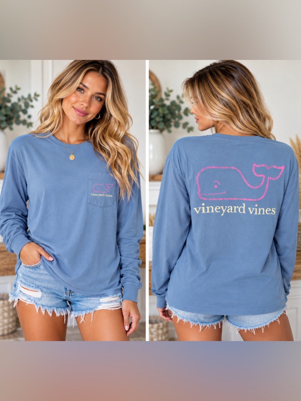 Vineyard Vines Vintage Whale Long Sleeve Pocket Tee Blue Pink Graphic